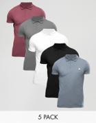 Asos 5 Pack Muscle Pique Polo Shirt With Logo Save - Multi