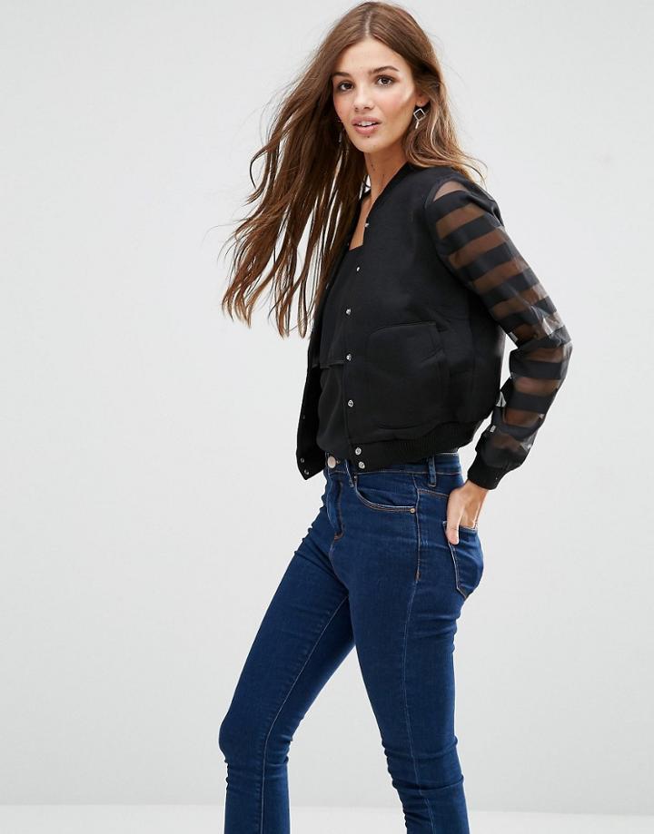 Lavand Sheer Sleeve Bomber Jacket - Black