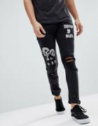 Asos Skinny Jeans In Washed Black With Rips And Grunge Prints - Black