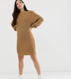 Asos Design Tall Knitted Rib Mini Dress With Chunky Crew Neck - Stone