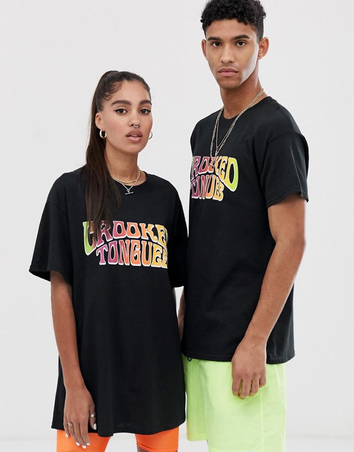 Crooked Tongues Unisex T-shirt In Black With Rainbow Logo - Black