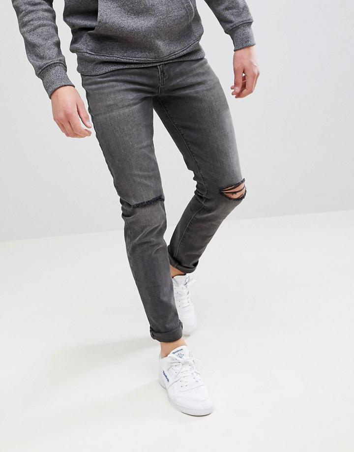Asos Skinny Jeans In Vintage Washed Black With Knee Rips - Black