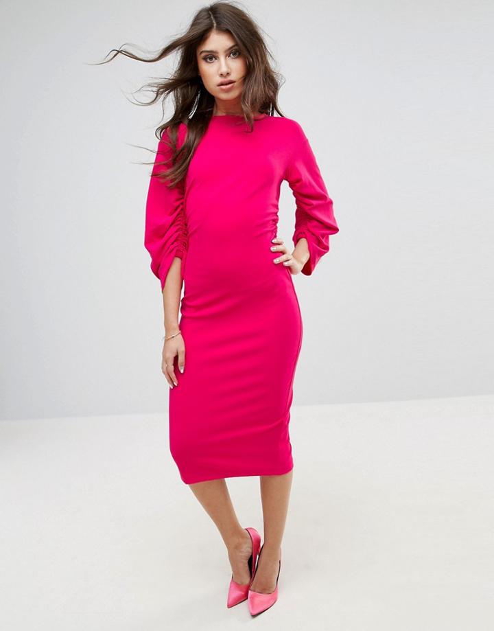 Asos Midi Pencil Dress With Ruched Sleeves - Pink