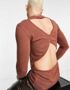 Asos Design Long Sleeve Muscle T-shirt With Back Cut Outs In Brown