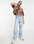 Asos Design Oversized Cropped T-shirt In Brown Bleach Wash - Brown
