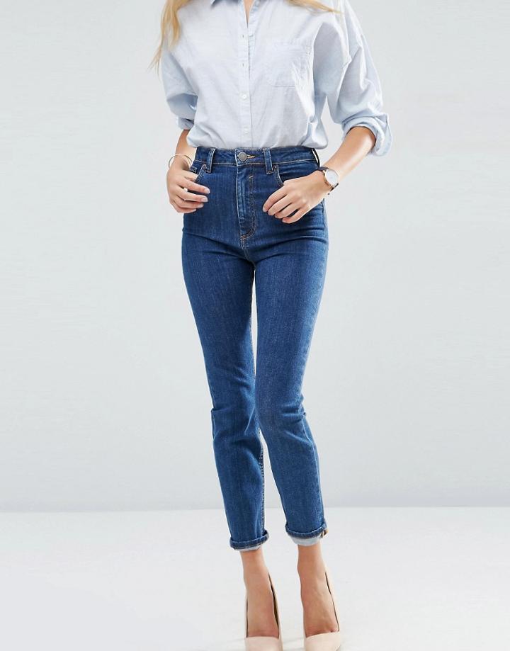 Asos Farleigh High Waist Slim Mom Jeans In Courtney Flat Blue Wash - Darkwash Blue