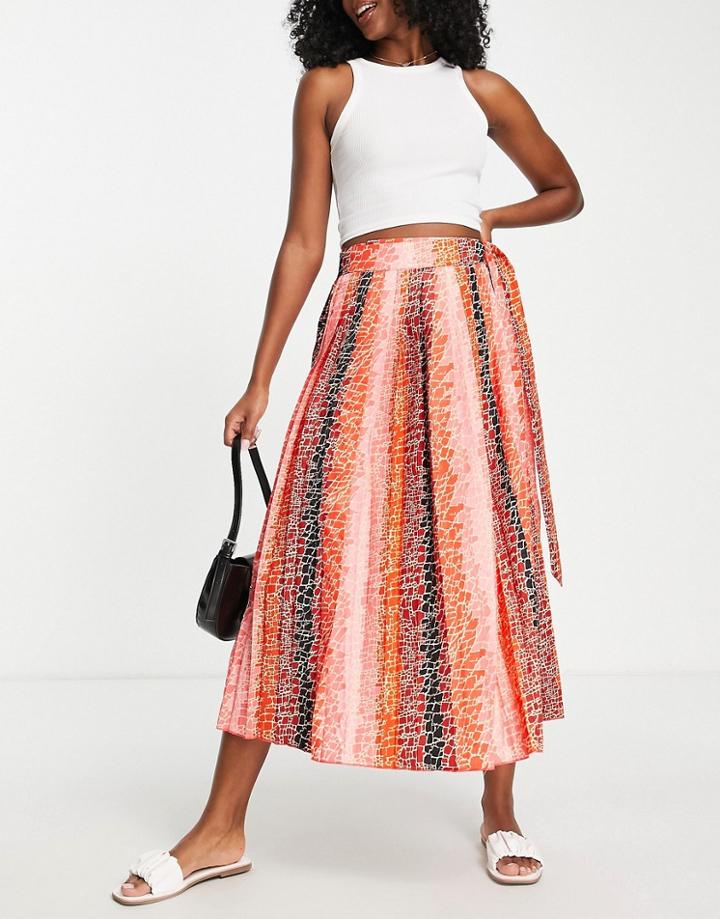 Little Mistress Tie Waist Pleated Midi Skirt In Red Tonal Animal