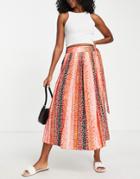 Little Mistress Tie Waist Pleated Midi Skirt In Red Tonal Animal
