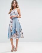 Asos Strappy Pinny Border Floral Midi Debutante Dress - Blue