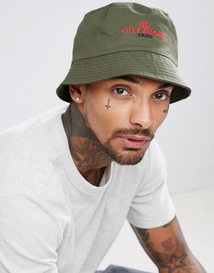 Asos Design Bucket Hat In Khaki With Embroidery - Green