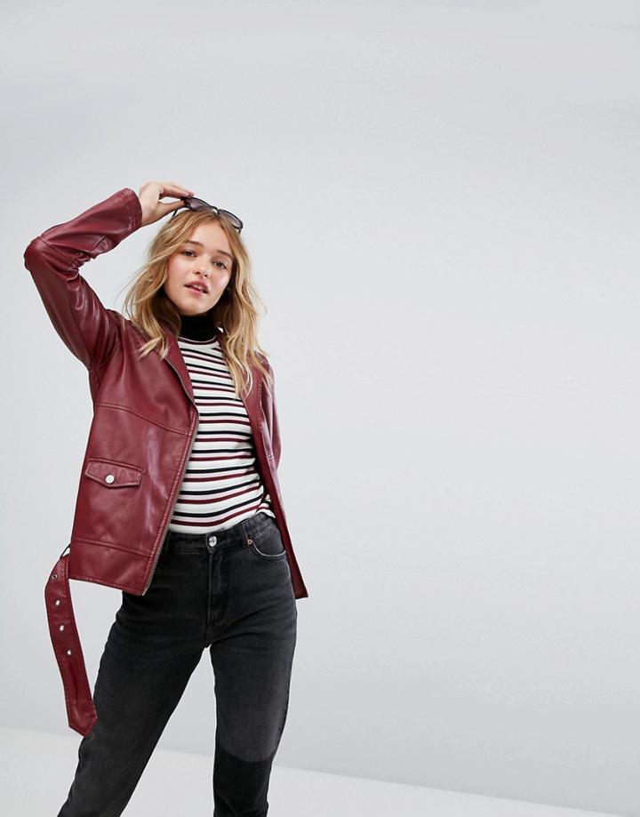 Monki Faux Leather Biker Jacket - Red