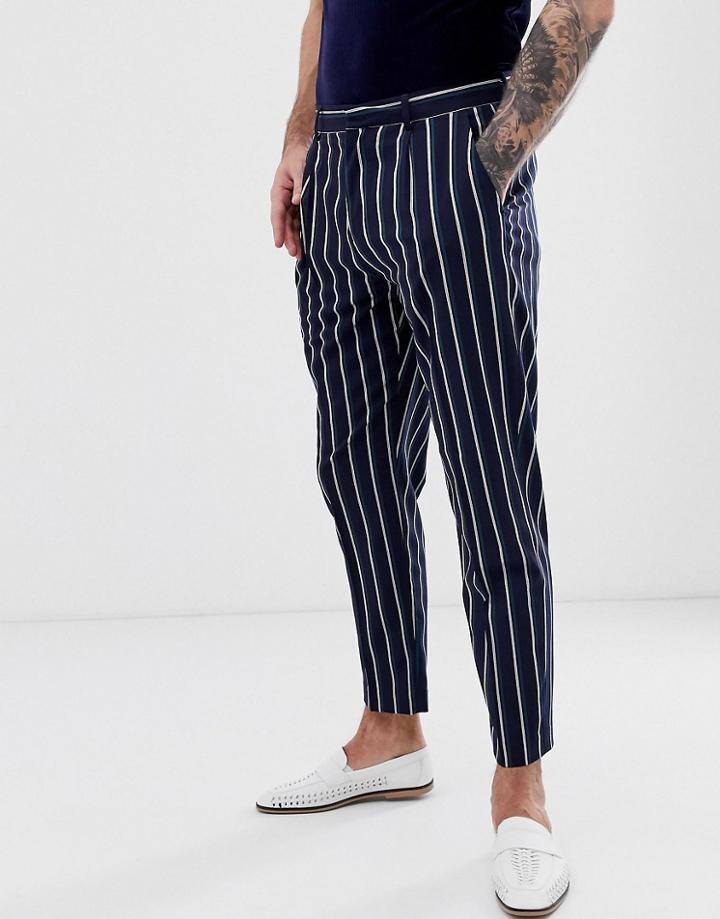 Harry Brown Slim Fit Pleated Crop Teal Stripe Pants-navy