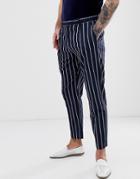 Harry Brown Slim Fit Pleated Crop Teal Stripe Pants-navy