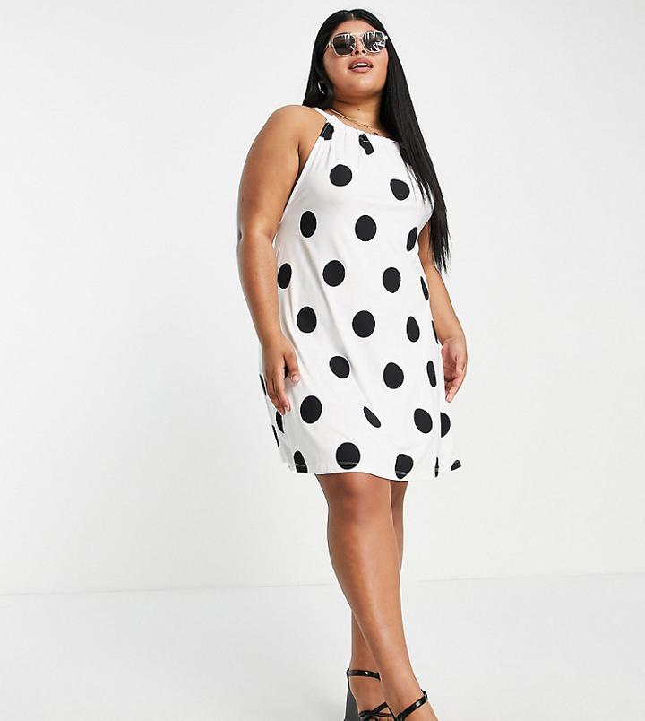 Asos Design Curve Gathered Neck Mini Dress With Open Back In Large Scale Spot-multi