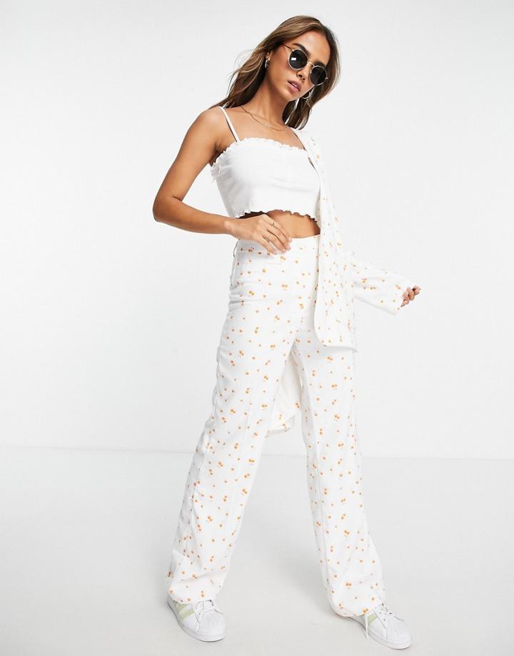 Monki Straight Leg Tailored Pants In White Blossom Print - Part Of A Set-multi