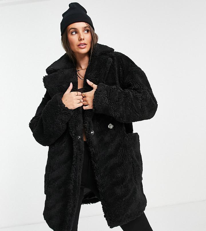 Topshop Tall Sherpa Coat In Black-green