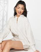 Stradivarius Rustic Oversized Shirt In Ecru Stripe-white