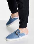 Asos Design Manzo Faux Fur Flat Mules In Denim-blue