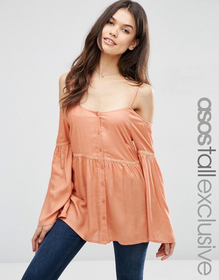 Asos Tall Cold Shoulder Top With Button Through - Orange