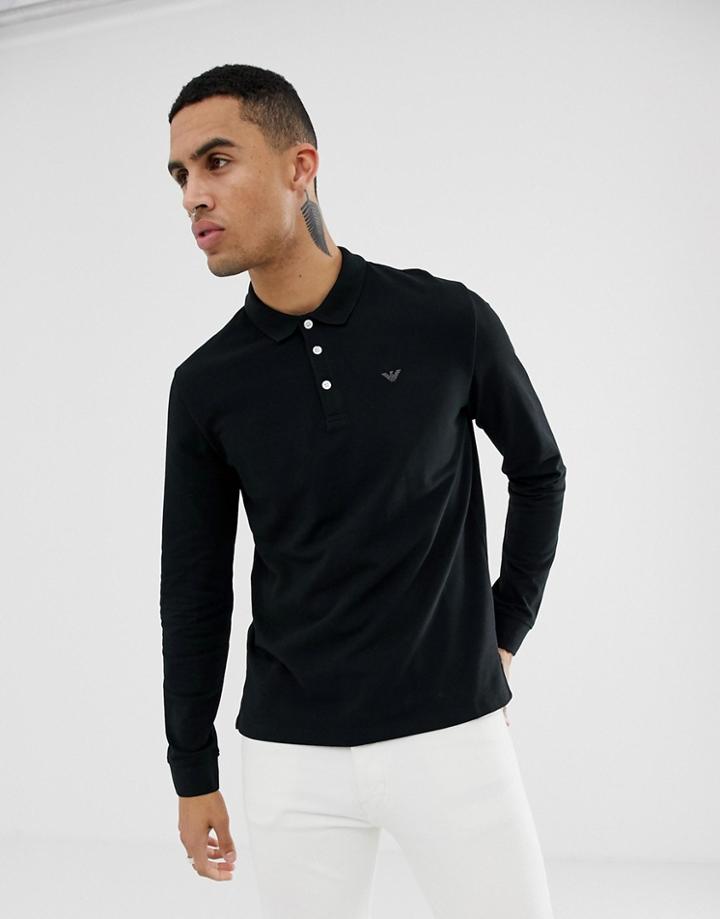 Emporio Armani Long Sleeve Logo Polo In Black - Black