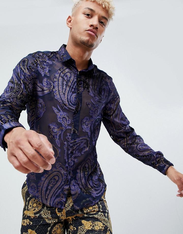 Asos Design Party Regular Fit Velvet Burnout Paisley Shirt In Navy - Navy
