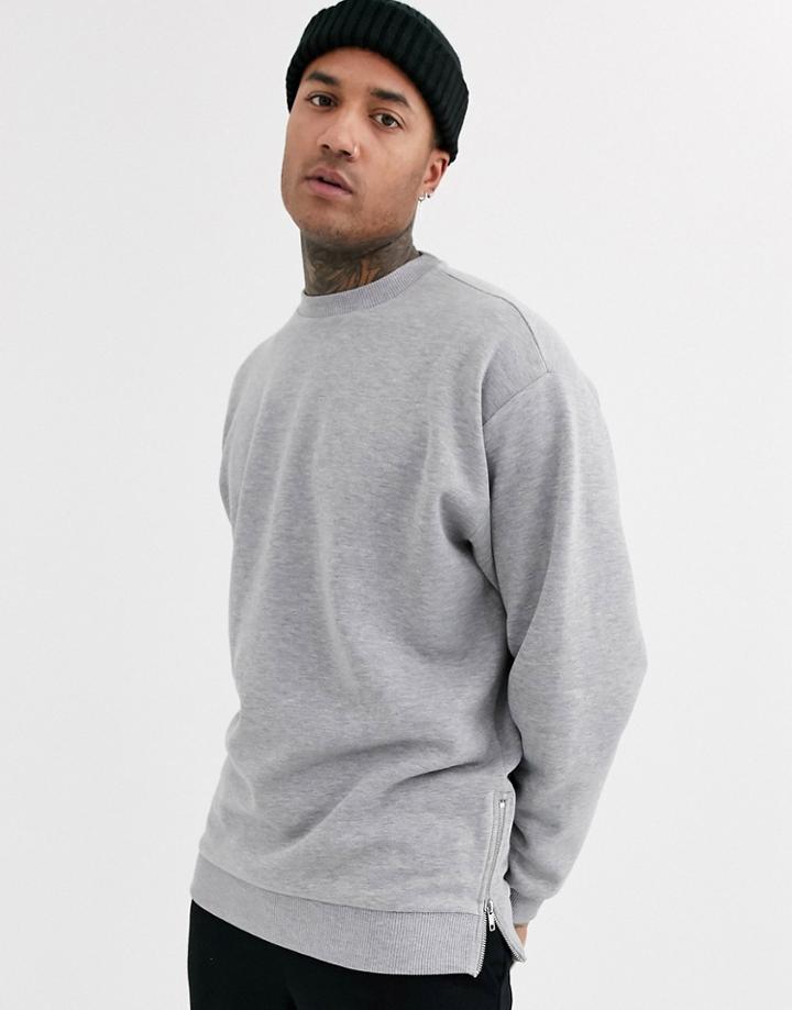 Asos Design Oversized Longline Sweatshirt In Gray Marl With Gold Side Zips