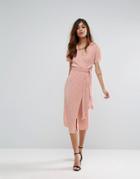 Oh My Love Pleated Midi Wrap Dress With Belt - Beige