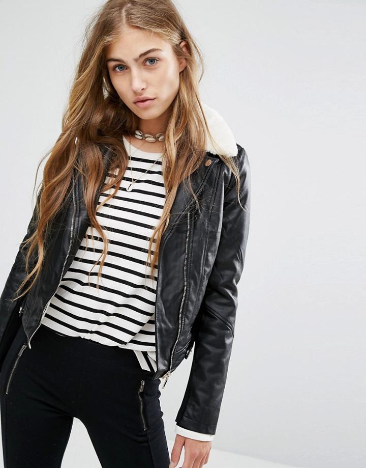 Pull & Bear Fur Collar Biker Jacket - Black