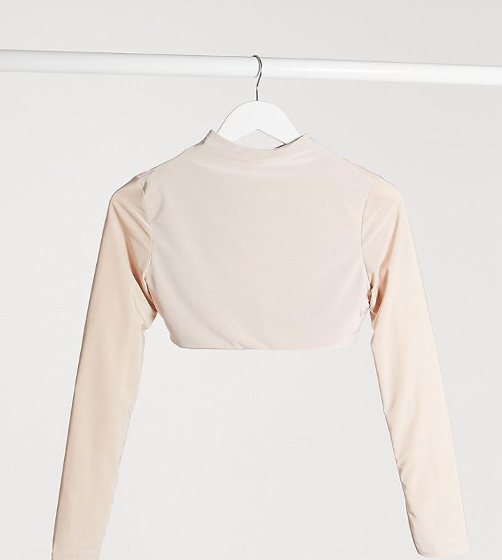 Club L London Petite Slinky Long Sleeve Crop Top Two-piece In Cream-white