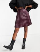 Vila Leather Look Pleated Mini Skirt In Wine-red