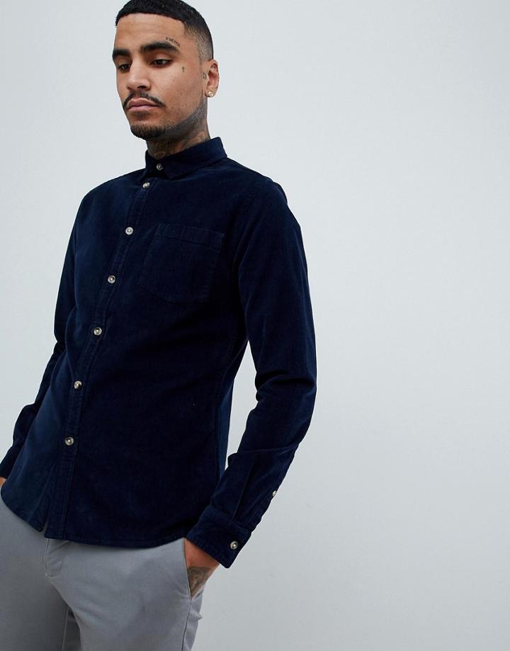 Asos Design Slim Fit Stretch Cord Shirt In Navy