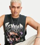 Collusion Sleeveless T-shirt With Skull Print In Charcoal Acid Wash-grey