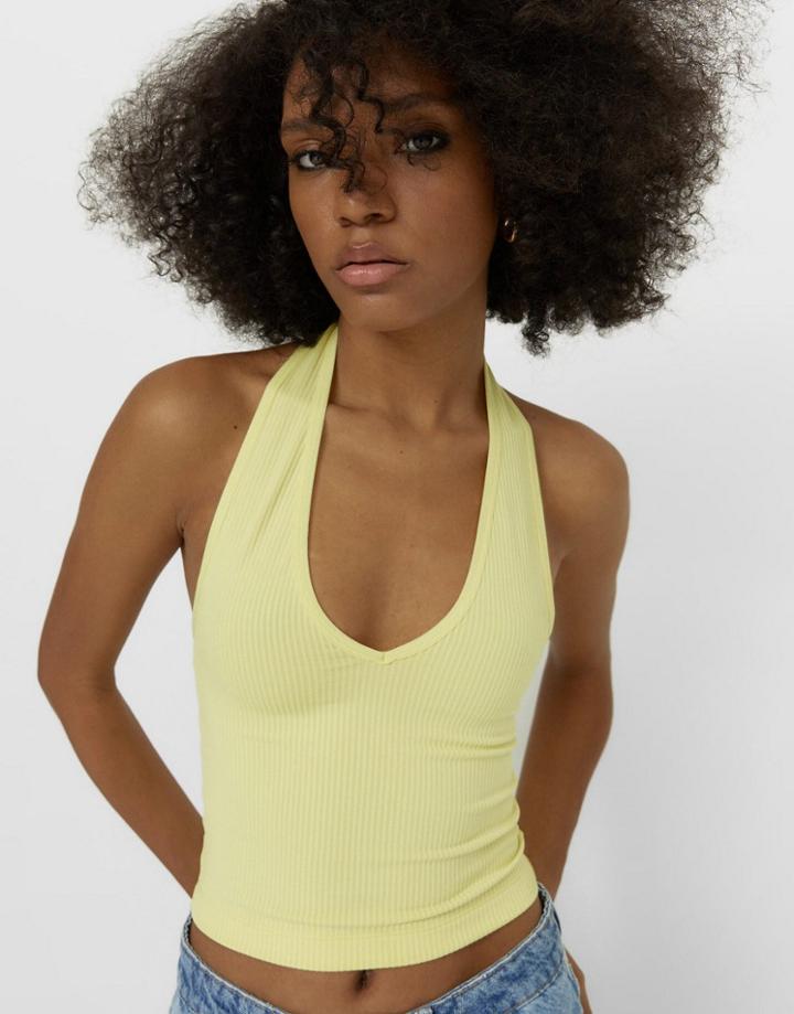 Stradivarius Ribbed Halterneck Tank In Yellow