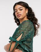 Object Bonita Tie Sleeve Lace Top In Green