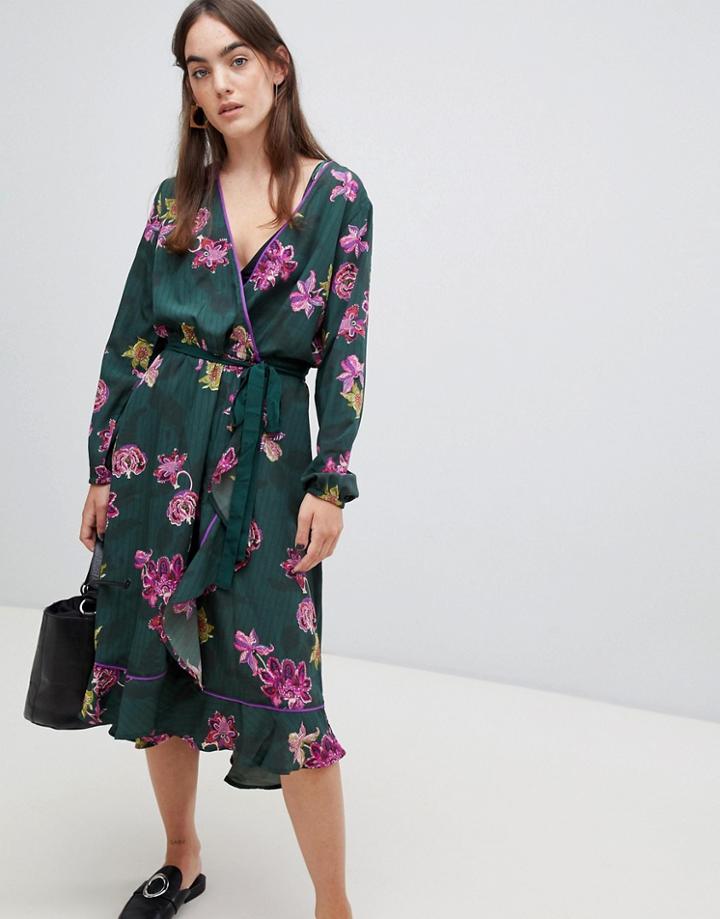 B.young Printed Ruffle Wrap Dress - Multi