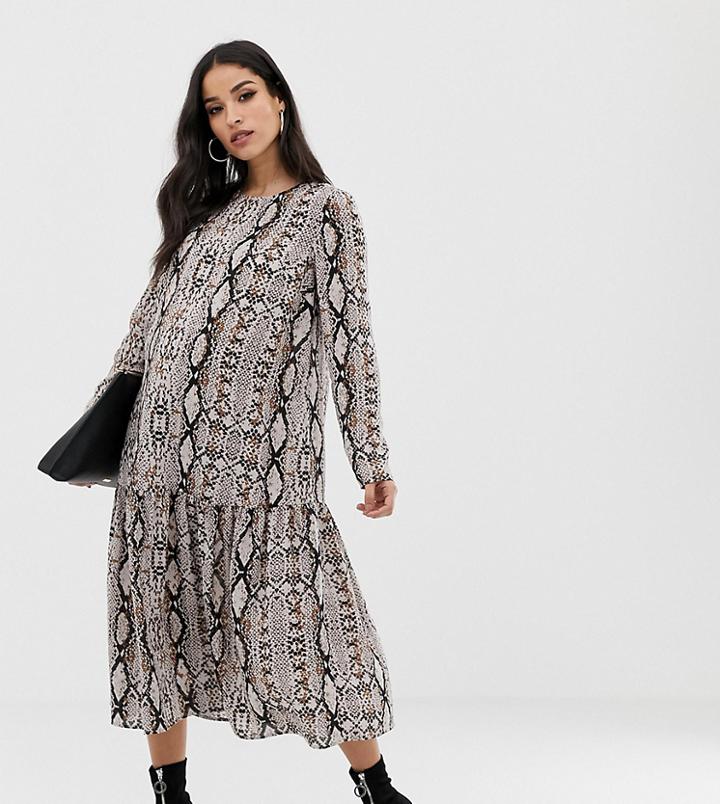 Asos Design Maternity Midi Smock Dress In Snake Print - Multi