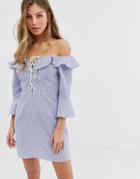 Asos Design Off Shoulder Mini Dress With Fluted Sleeve In Stripe-multi