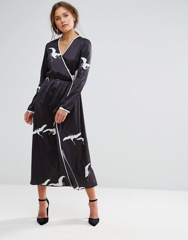 Liquorish Bird Print Wrap Maxi Dress - Black