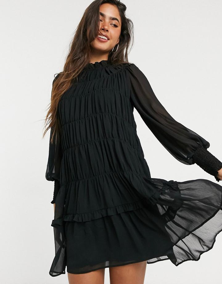 Vero Moda Chiffon Mini Dress With High Neck And Tier Detail In Black