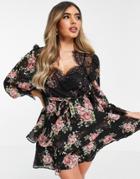 Asos Design Soft Mini Skater Dress In Rose Floral Print With Eyelash Lace Details-multi
