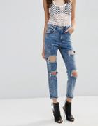 Asos Farleigh High Waist Slim Mom Jeans In Acid Wash With Super Busts - Blue