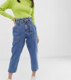 River Island Petite Paperbag Jeans In Mid Wash - Blue