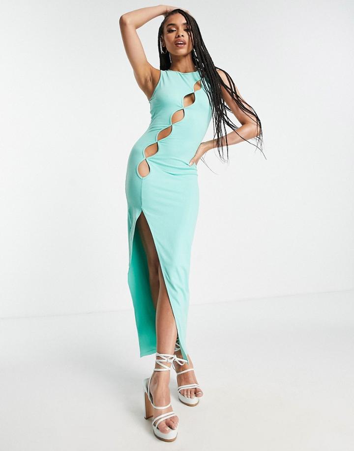 Simmi Cut Out Detail Asymmetric Thigh Slit Maxi Dress In Turquoise-green
