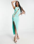 Simmi Cut Out Detail Asymmetric Thigh Slit Maxi Dress In Turquoise-green