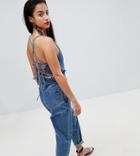 Lost Ink Petite Jumpsuit With Tie Back In Denim - Blue
