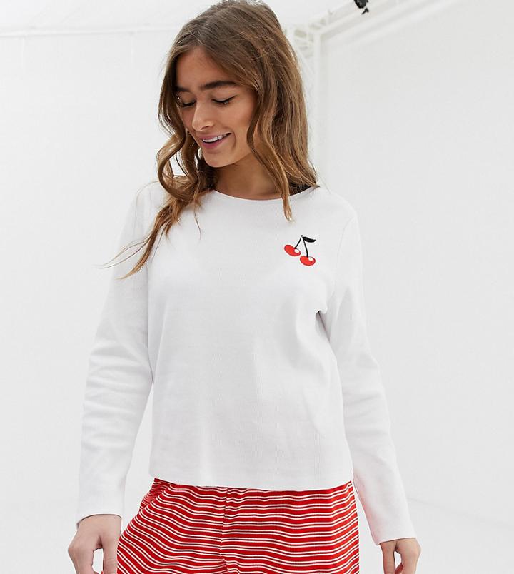 Asos Design Petite Mix & Match Cherry Embroidered Pyjama Long Sleeve Top - Multi
