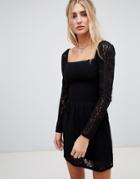Wild Honey Square Neck Dress With Long Sleeves In Lace - Black
