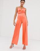 The Girlcode Satin Wrap Front Jumpsuit In Tangerine - Orange