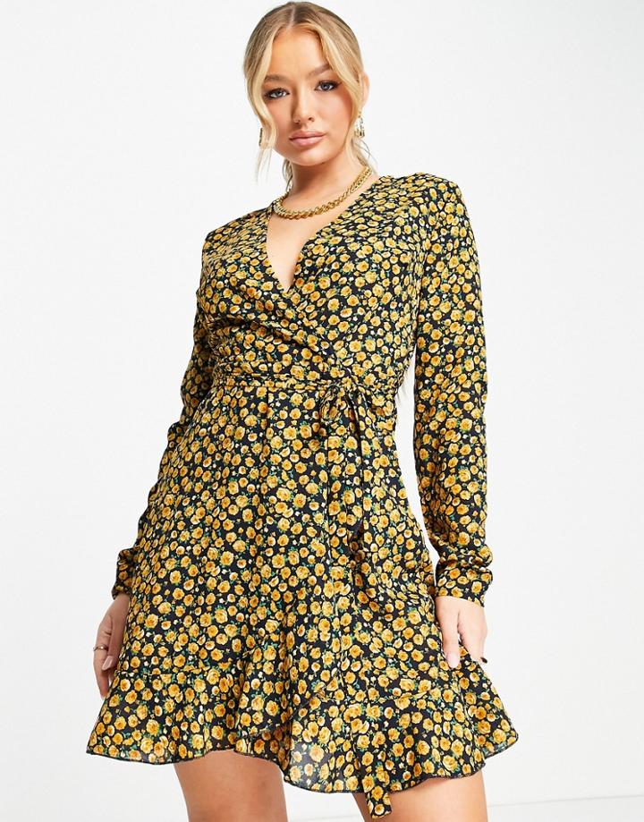 Missguided Ruffle Hem Wrap Tea Dress In Yellow