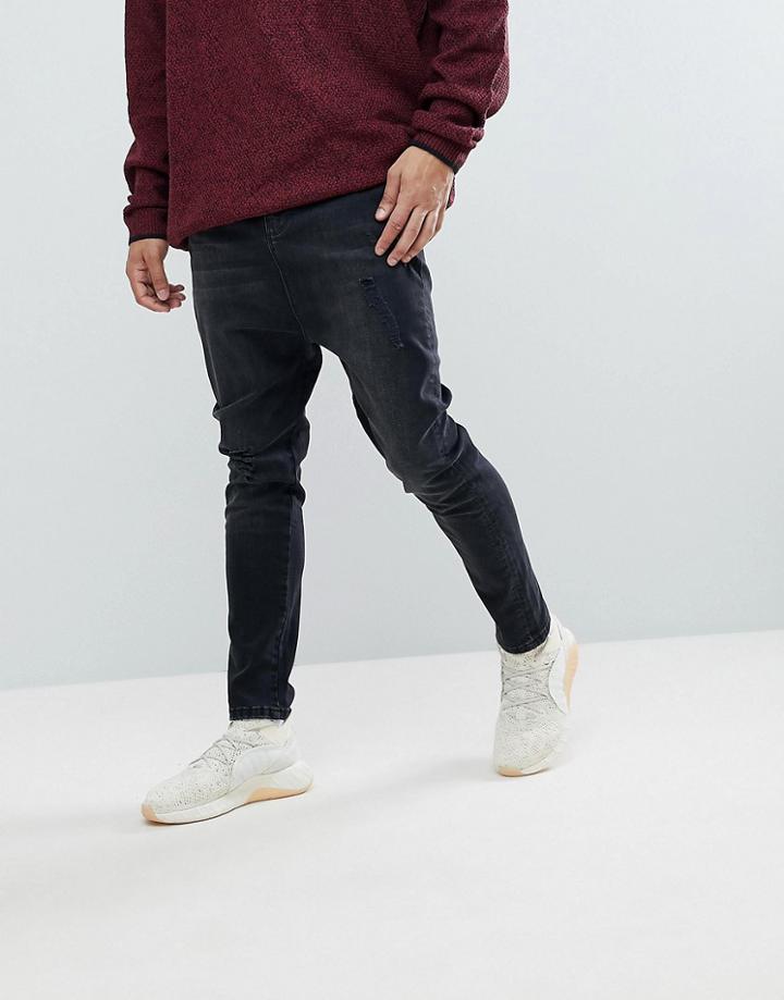 Asos Drop Crotch Jeans In Washed Black With Abrasions - Black